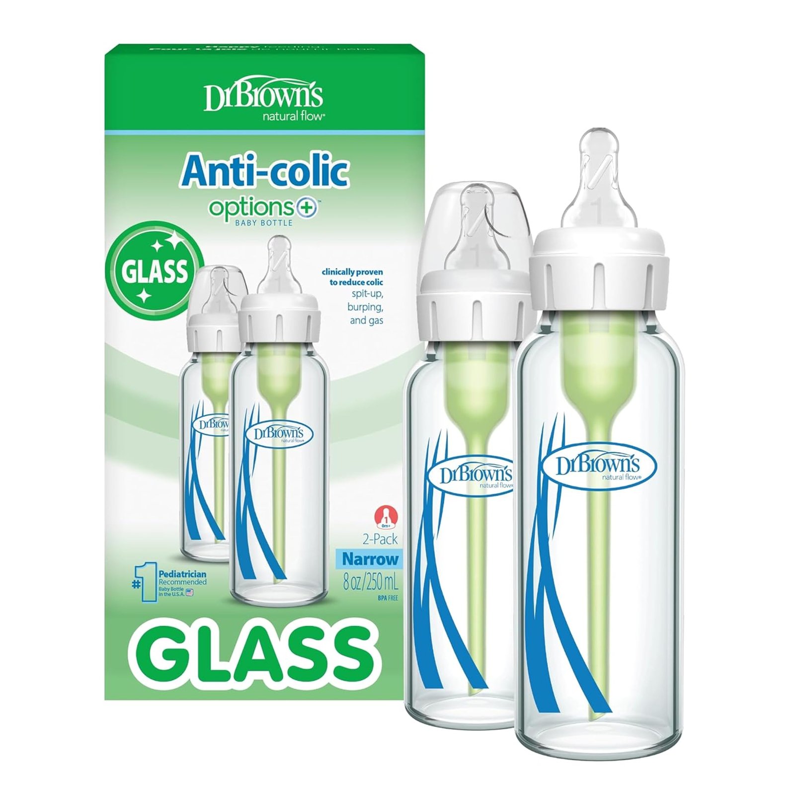 Dr. Brown’s Anti-Colic Options+ Narrow Glass Baby Bottle, 2 Count