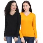 FLEXIMAA Women’s Cotton Plain V Neck Full Sleeve T-Shirt