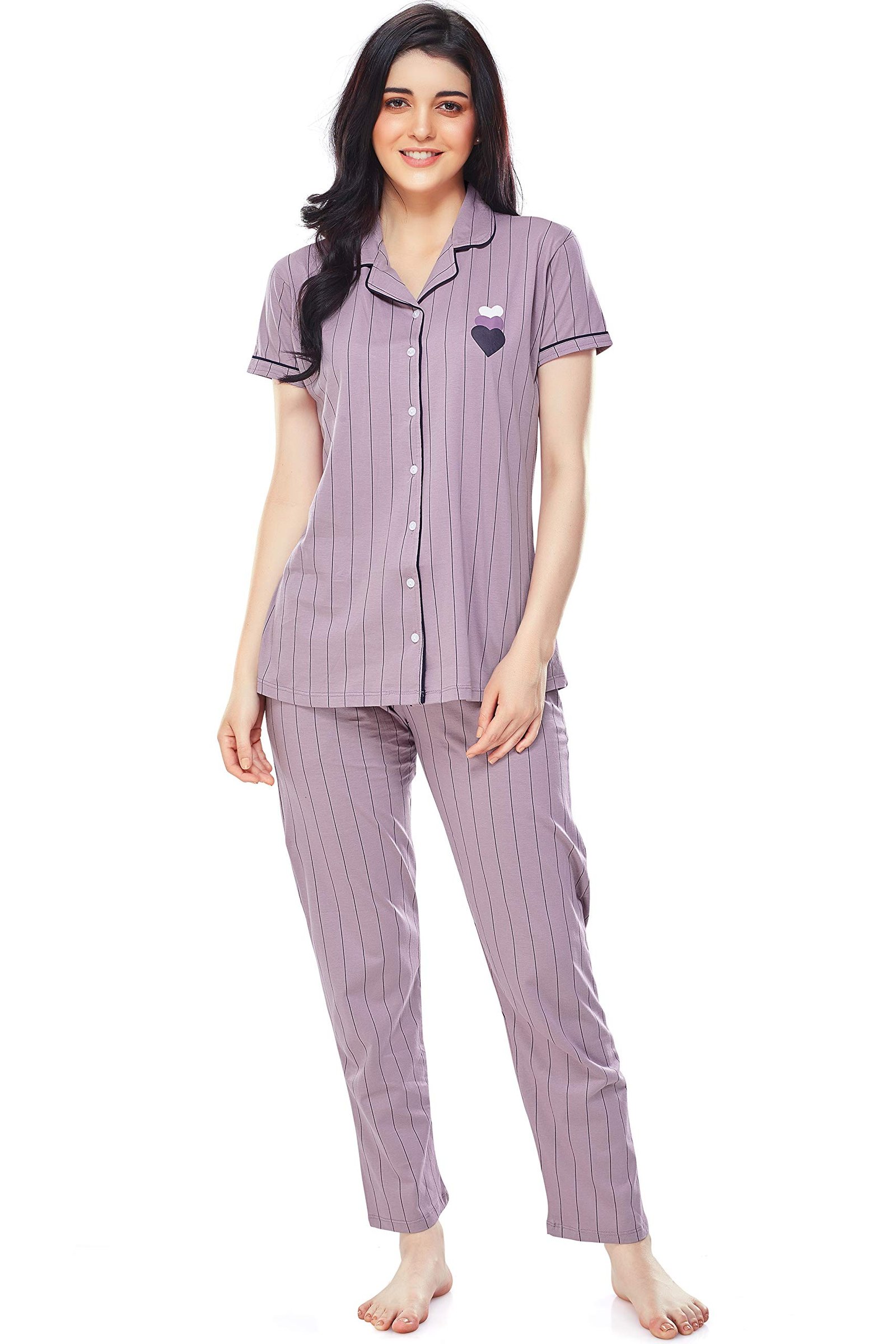 ZEYO Women’s Cotton Strip Printed Korean Night Suit Set of Shirt & Pajama Set (Available in Plus Size)