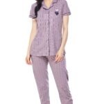 ZEYO Women’s Cotton Strip Printed Korean Night Suit Set of Shirt & Pajama Set (Available in Plus Size)