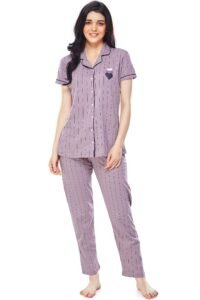 ZEYO Women’s Cotton Strip Printed Korean Night Suit Set of Shirt & Pajama Set (Available in Plus Size)