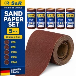 S&R Sandpaper Roll Set, 5 Rolls 3.6″ x 16.2 ft.: grit 60/80/120/180/240, for Wood, Metal, Steel, Stainless Steel