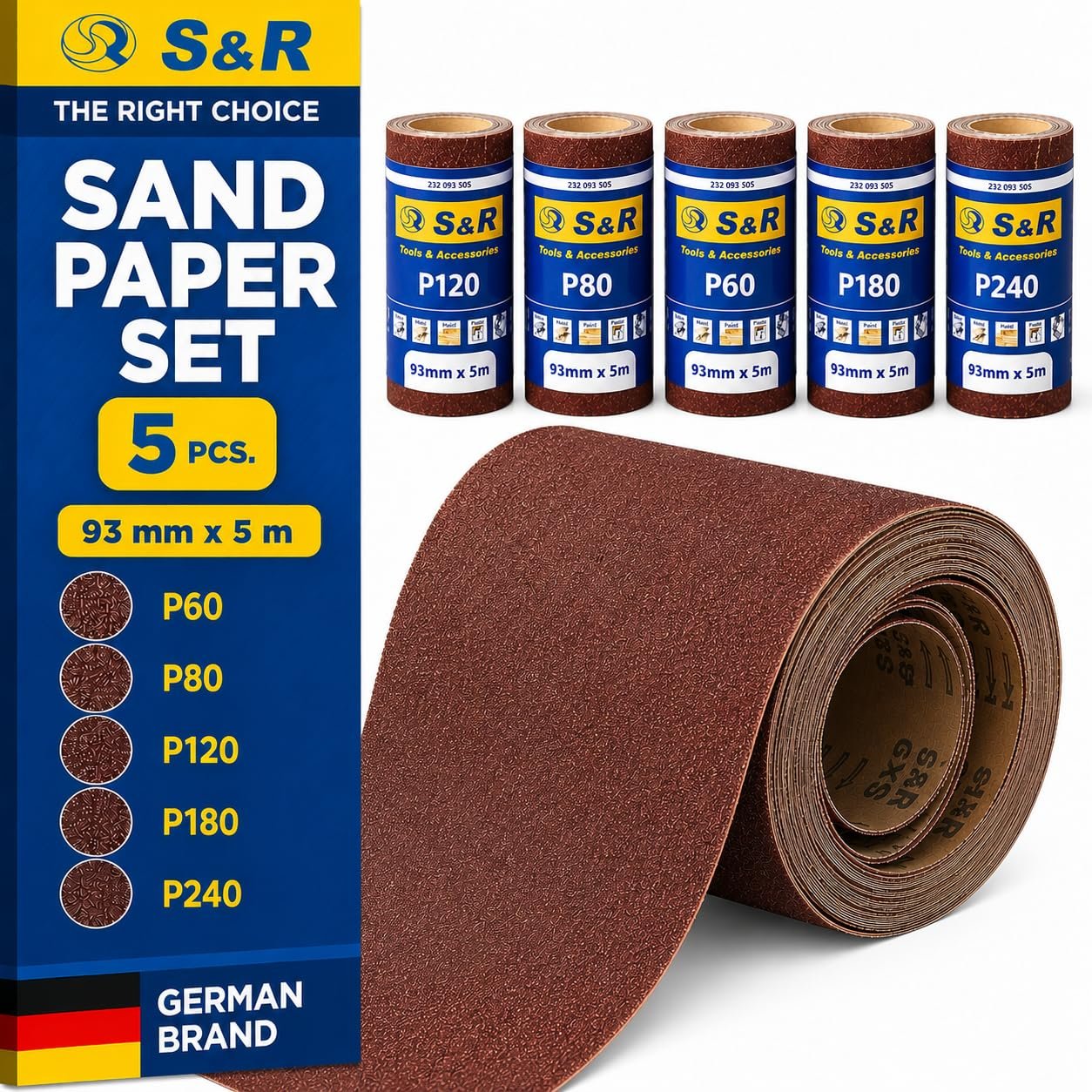 S&R Sandpaper Roll Set, 5 Rolls 3.6″ x 16.2 ft.: grit 60/80/120/180/240, for Wood, Metal, Steel, Stainless Steel