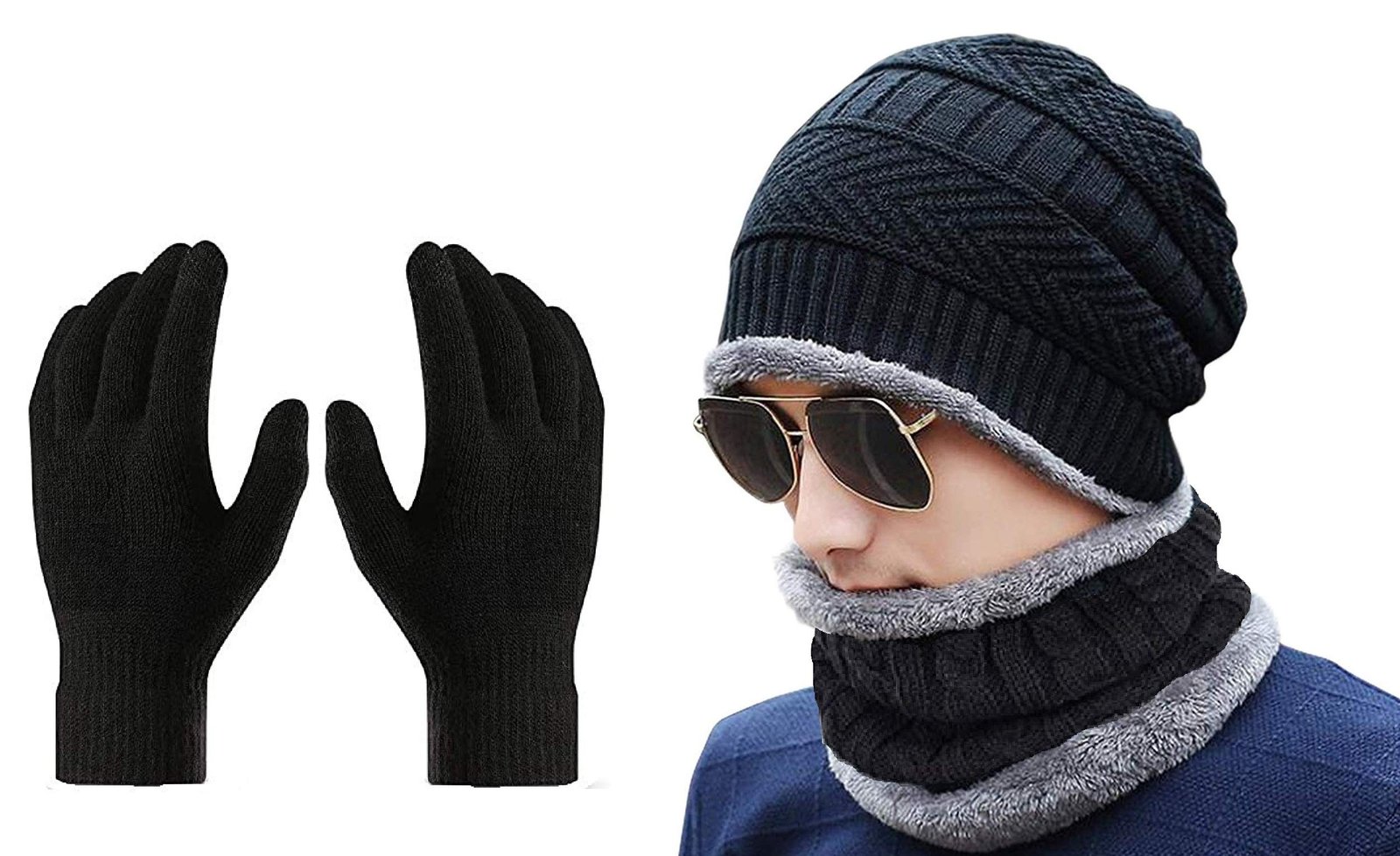 Gajraj Winter Knit Beanie Cap Hat Neck Warmer Scarf and Woolen Gloves Set for Men & Women (3 Piece)
