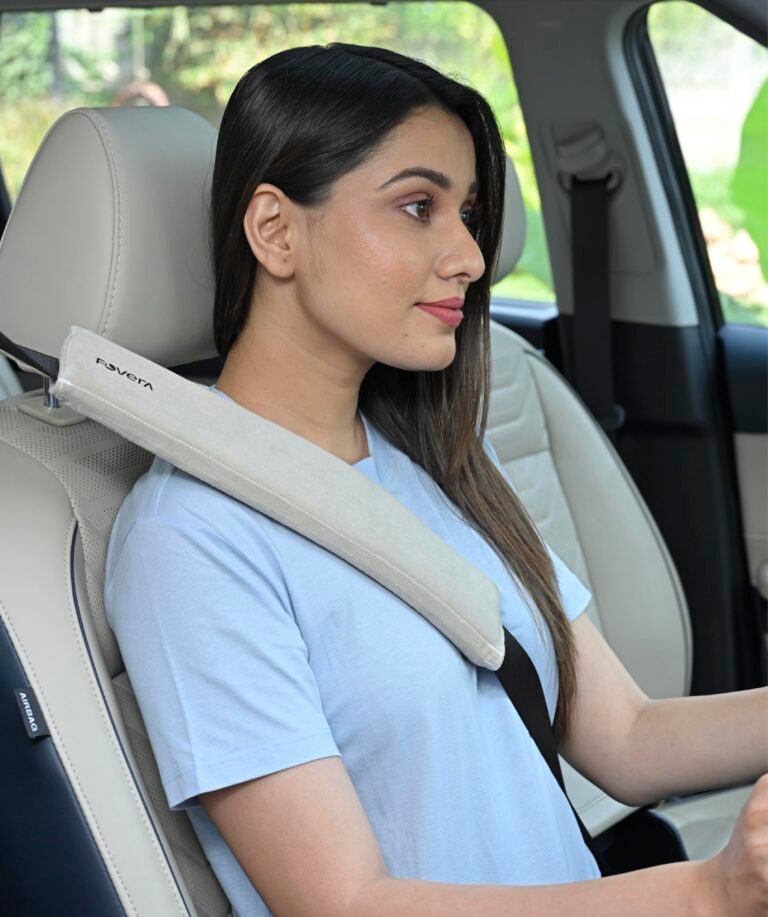 FOVERA Car Seat Belt Shoulder Cushions (Pack of 2) Car Safety Belt Soft Pad Cover for Comfortable Driving, Universal Fit for All Cars and Backpack (Cream Color, 12 Inch Length)