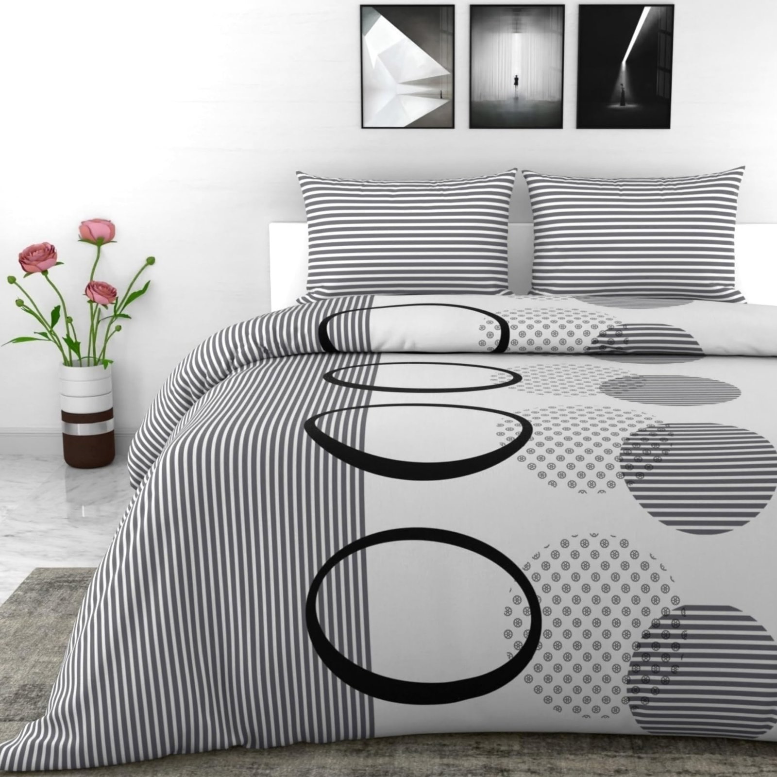 LORETO – A QUALITY LINEN BRAND 100% Cotton King Size Bedsheet with 2 Pillow Covers – White and Dark Grey, Soft & Breathable 144 TC Fabric, Perfect for King Beds