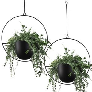 2 Pcs Boho Metal Hanging Planters for Indoor Plants with Hooks Modern Wall and Ceiling Planter Mid Century Minimalist Flower Pot Hold Planter for Outdoor Plants Home Decor(Black)