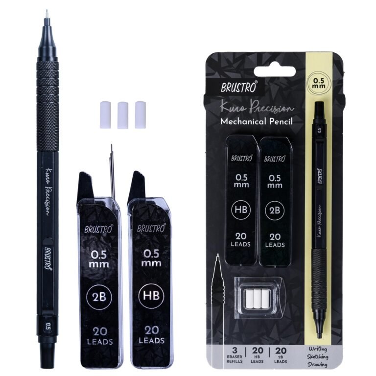 BRUSTRO Kuro Precision Mechanical Pencil | Tip Size – 0.5mm With 20 – HB and 20-2B leads, 3 Eraser Refills| Ideal For Writing, Sketching, Drawing, Mandala Arts and Fine Art Students