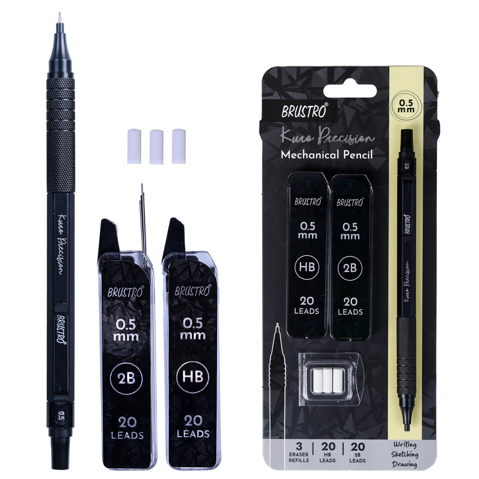 BRUSTRO Kuro Precision Mechanical Pencil | Tip Size – 0.5mm With 20 – HB and 20-2B leads, 3 Eraser Refills| Ideal For Writing, Sketching, Drawing, Mandala Arts and Fine Art Students