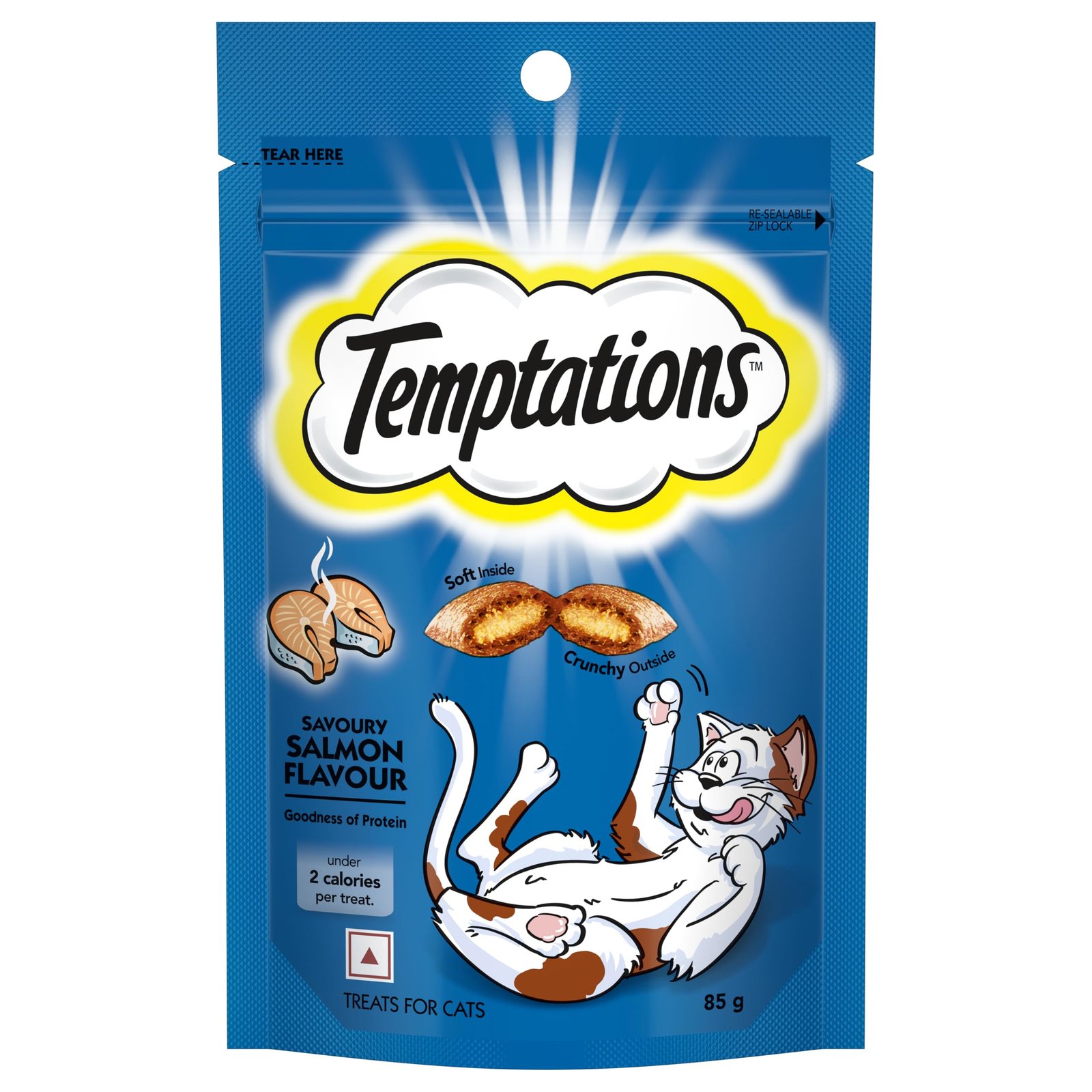 Temptations Crunchy Cat Treats, Savoury Salmon Flavour, 85 g, Goodness of Protein, Vitamins & Minerals, Soft Inside Crunchy Outside