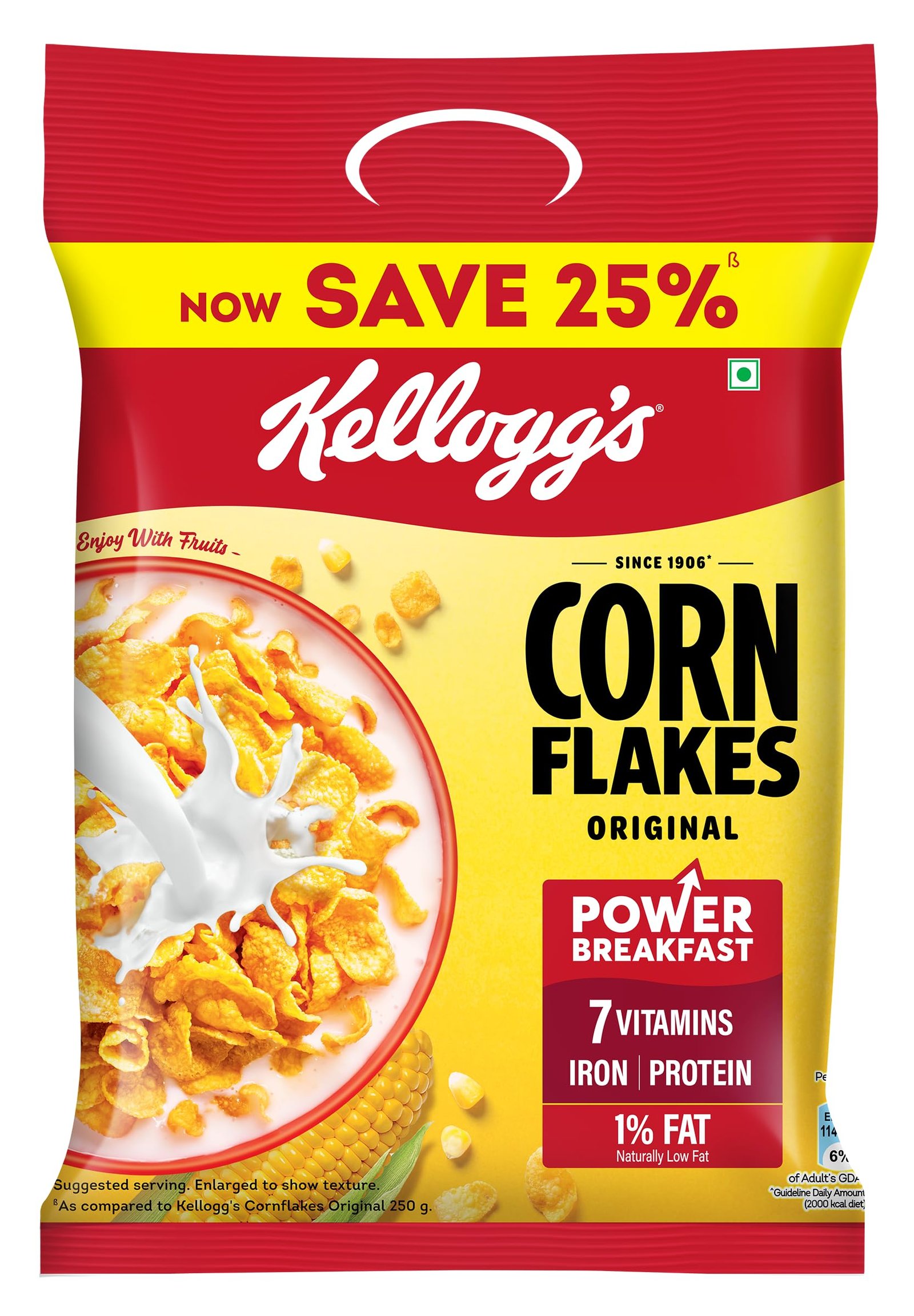 Kellogg’s Corn Flakes Original | Power of 5: Energy, Protein, Iron, Calcium, Vitamins B1, B2, B3 & C | Corn Flakes, Breakfast Cereal | Naturally Cholestrol Free,275 Gm