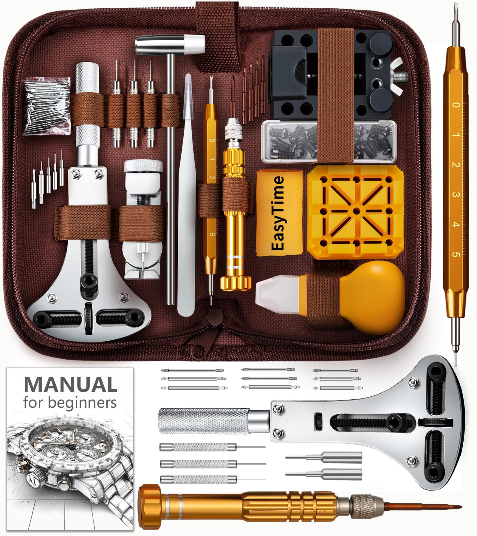 Watch Repair Tools Kit, ET 149pcs Watches Battery Replacement Watch band Link Remover Spring Bar Tool Kit with Carrying Case and Instruction Manual – Brown