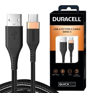 Duracell USB-A To Type C, 65W Braided Sync & Fast Charging Cable, 3.9 Feet (1.2M), QC 2.0/3.0 Ultra Fast Charging, For Samsung, Mi, Realme, OPPO, ONE PLUS, Seamless Data Transmission, Series 3, Black
