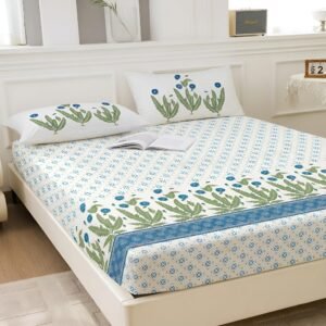Story@Home 260 TC 100% Cotton Cal King Size Bedsheet, White & Sky Blue