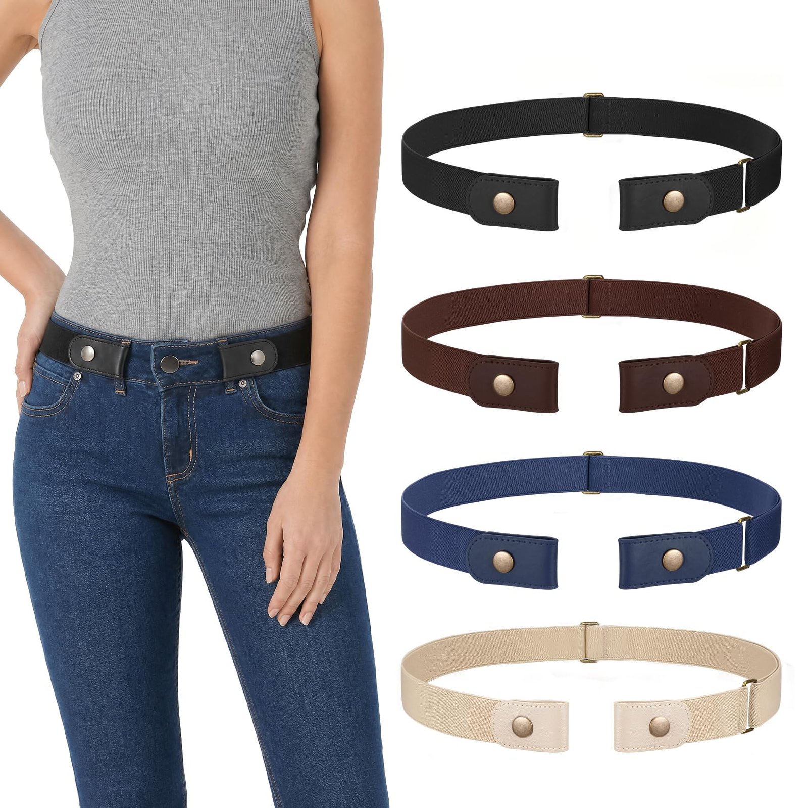 WHIPPY 3 Pieces 4 Pieces Buckle Free Adjustable Women Belt, No Buckle Invisible Elastic Belt for Jeans Pants