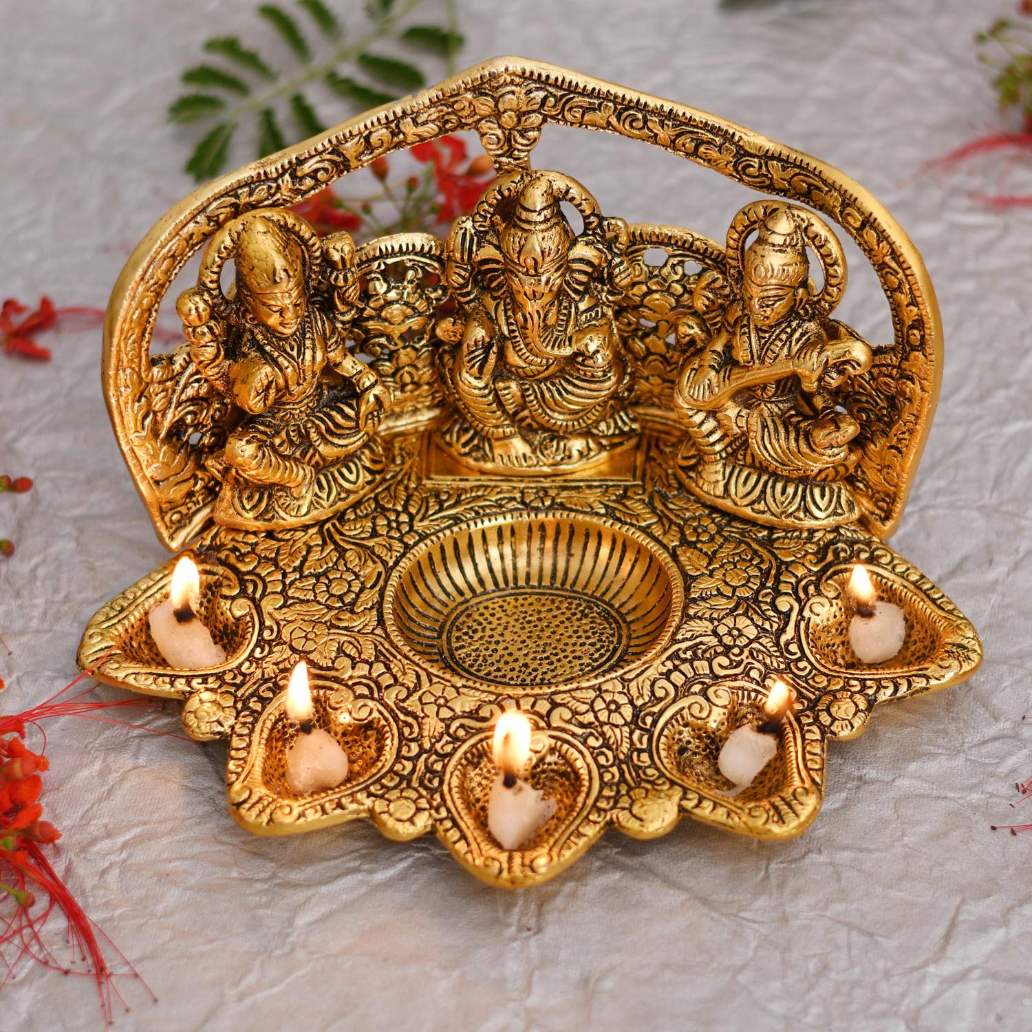 Collectible India Laxmi Ganesh Saraswati Idol Diya Oil Lamp Deepak – Metal Lakshmi Ganesha Showpiece Statue – Traditional Diya for Diwali Puja (8.5 x 5.1 x 4.7, 1 Count)