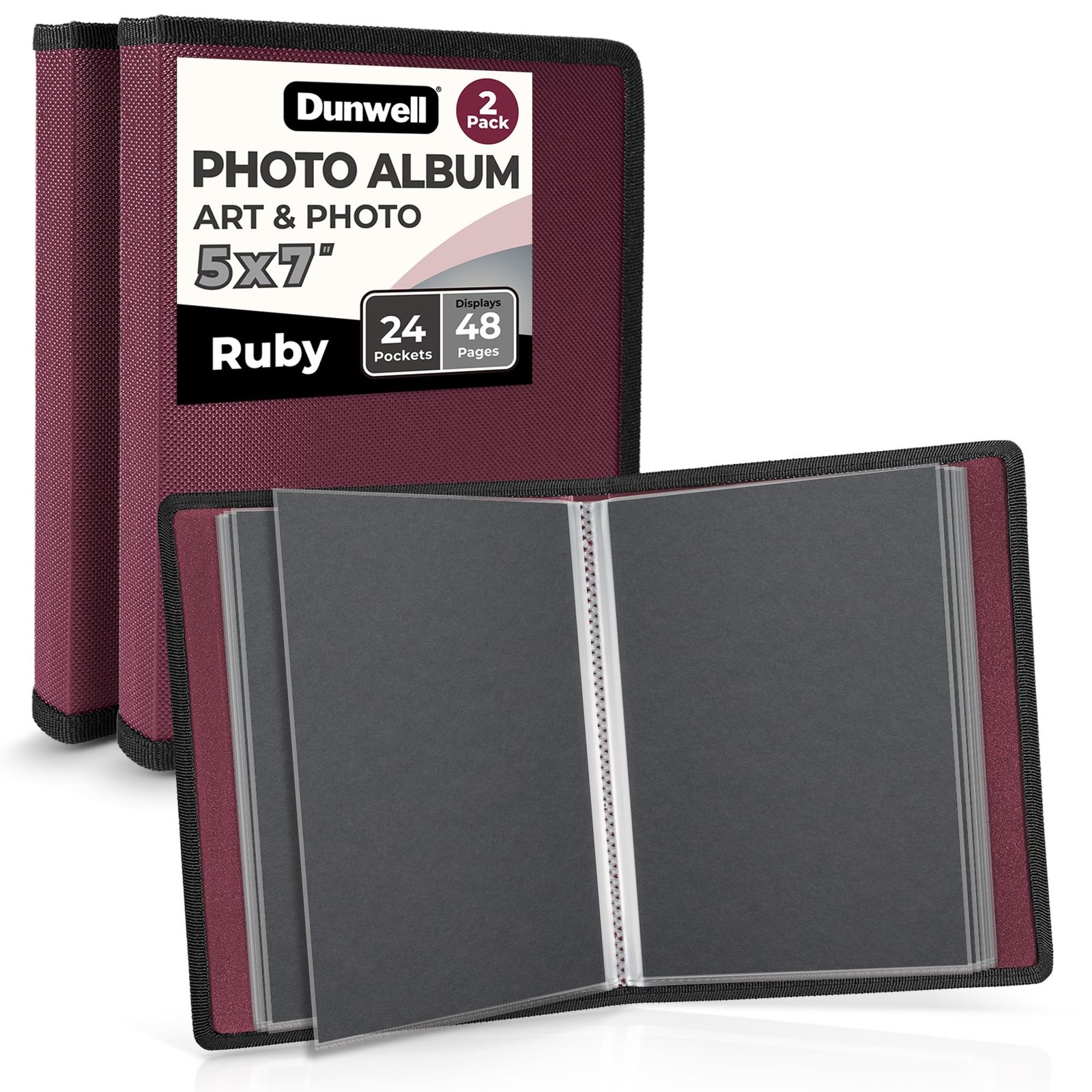 Dunwell 5×7 Portfolio Folder for Artwork – (Ruby, 2 Pack), 24 Pockets Display 48 Photos, 5×7 Photo Album, Small Photo Album 5×7 Great for Picture Storage, Art Folio, Scrapbook, Sketches, Drawings