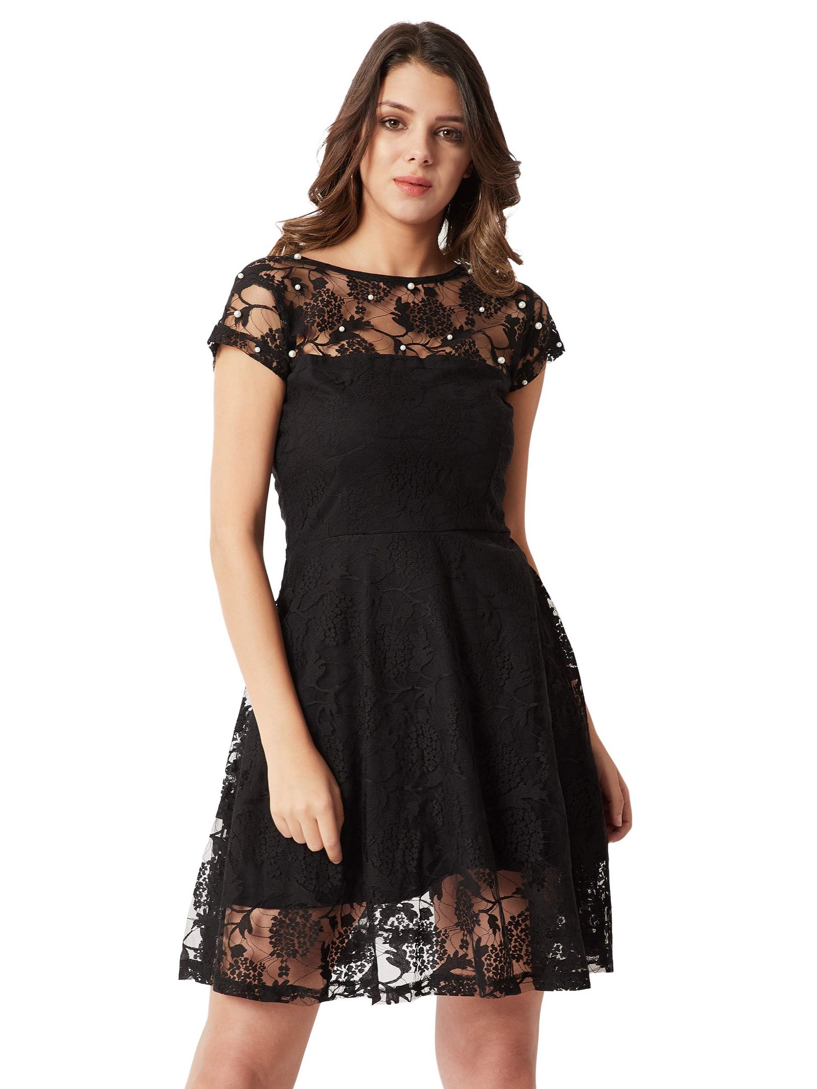 Miss Chase Women’s Round Neck Sleeveless Floral Ruffled GatheKnee-Long Skater Dress