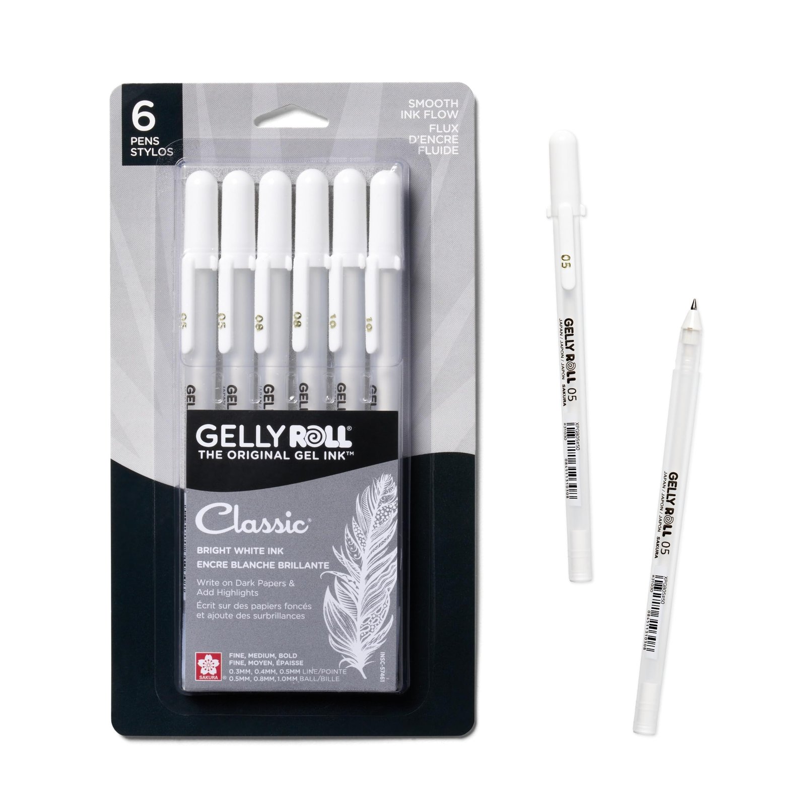 SAKURA Gelly Roll Classic Gel Pens, Opaque White Ink, Ass’t Tips 05/08/10, 6 PK 57461