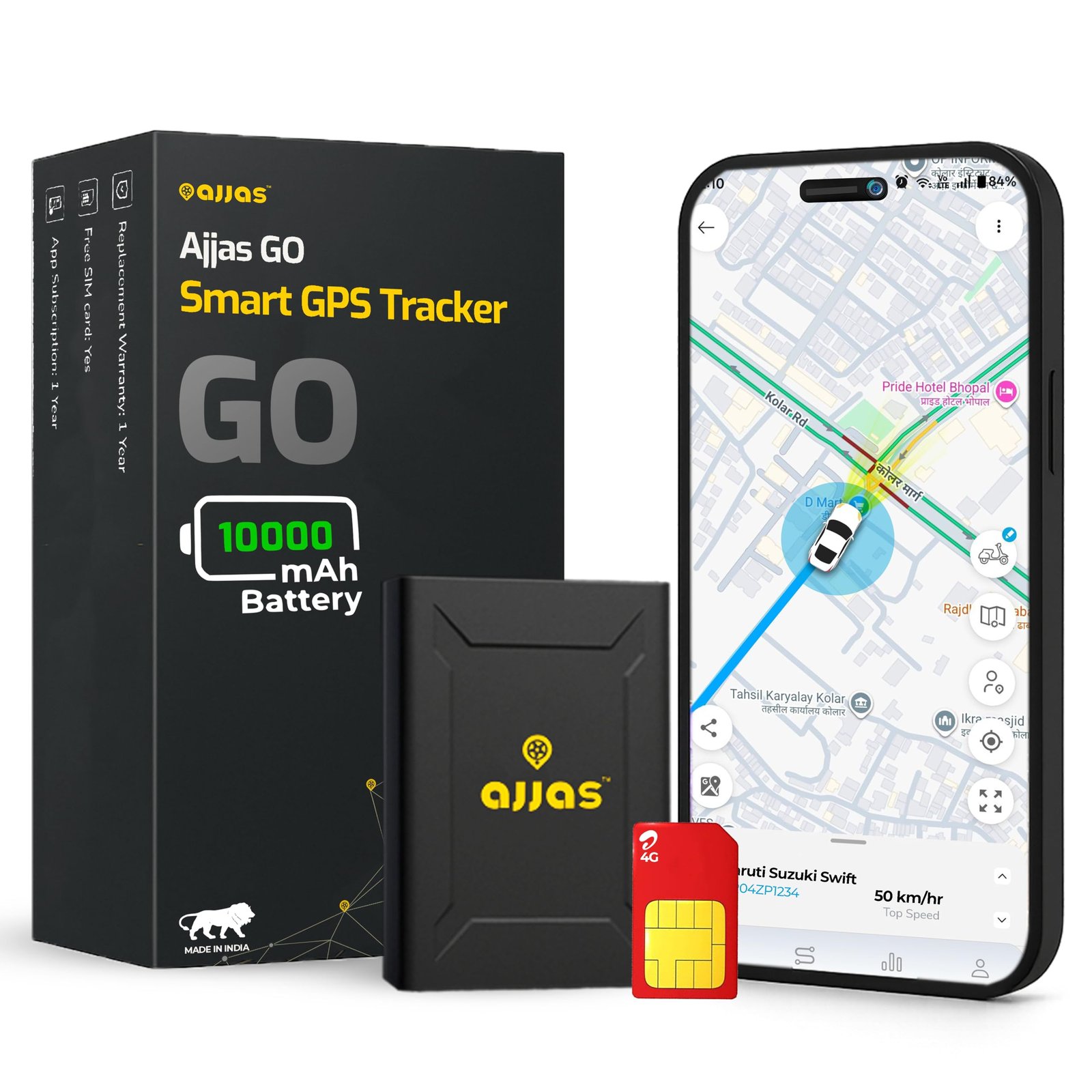Ajjas GO (with 4G SIM) – Wireless GPS Tracker for Car, Family Vehicles, Scooty or Bag| 10000 mAH Battery | Mangetic Grip | Voice Monitoring with (1 Year Free App Platform)