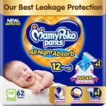 MamyPoko New Pants All Night Absorb|Pantstyle Baby Diapers New Born Size(XS), 62 Count,Ideal for upto 5Kgs|1 Diaper=Upto All Night Absorption now with increased power of +1glass|Wider Crisscross Sheet