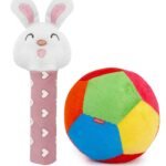 Pikipo Soft Ball (Small, 11Cm) and Bunny Face Soft Rattle Combo – Polyester, Softball, Pink