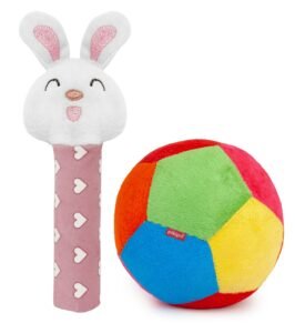 Pikipo Soft Ball (Small, 11Cm) and Bunny Face Soft Rattle Combo – Polyester, Softball, Pink