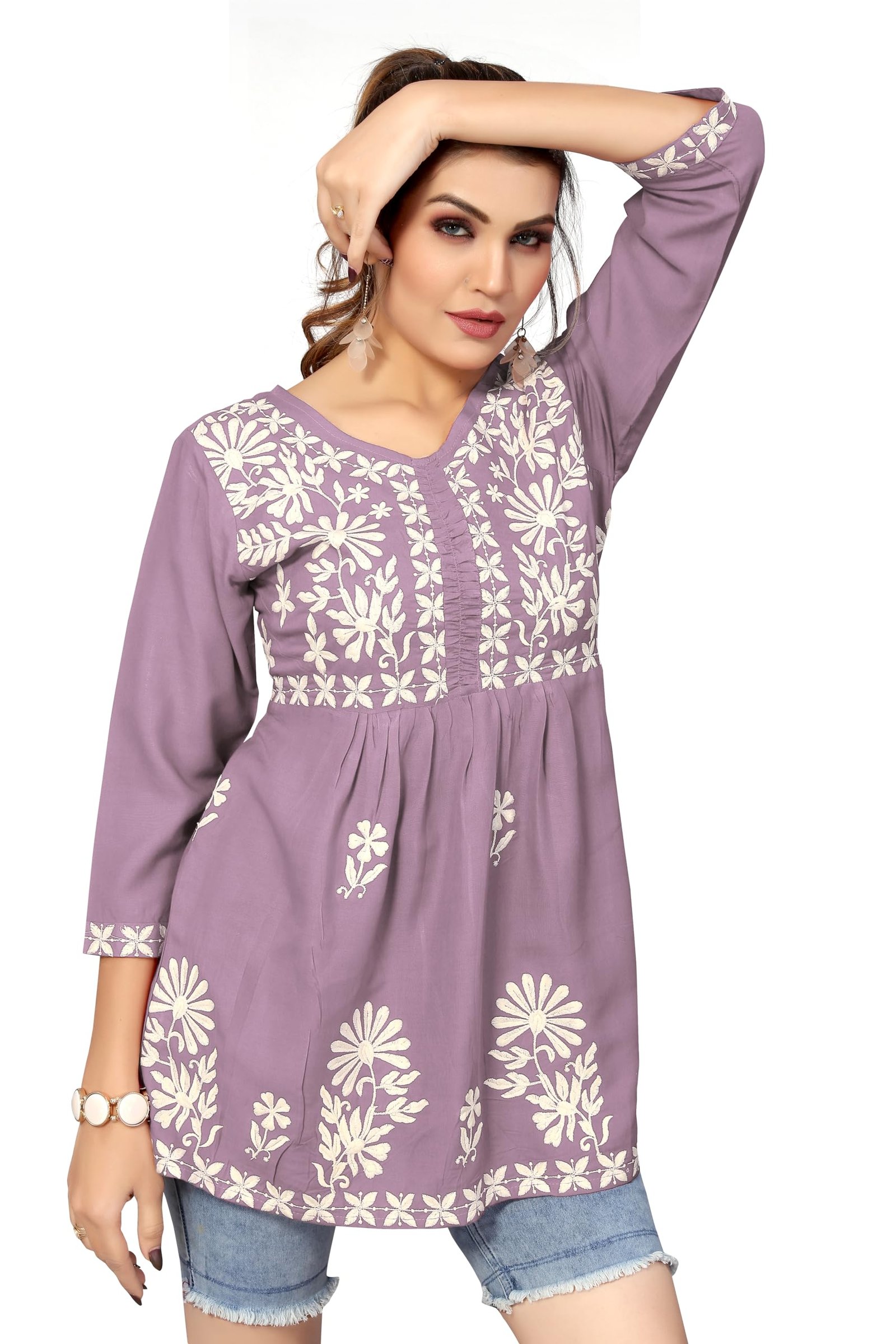 Bee M Pee Designer Short Regular Fit Kurti Tops for Jeans for Women I Chikankari Rayon Cotton Long Kurta Kurti for Women I Stylish wear Kurti top for Girls