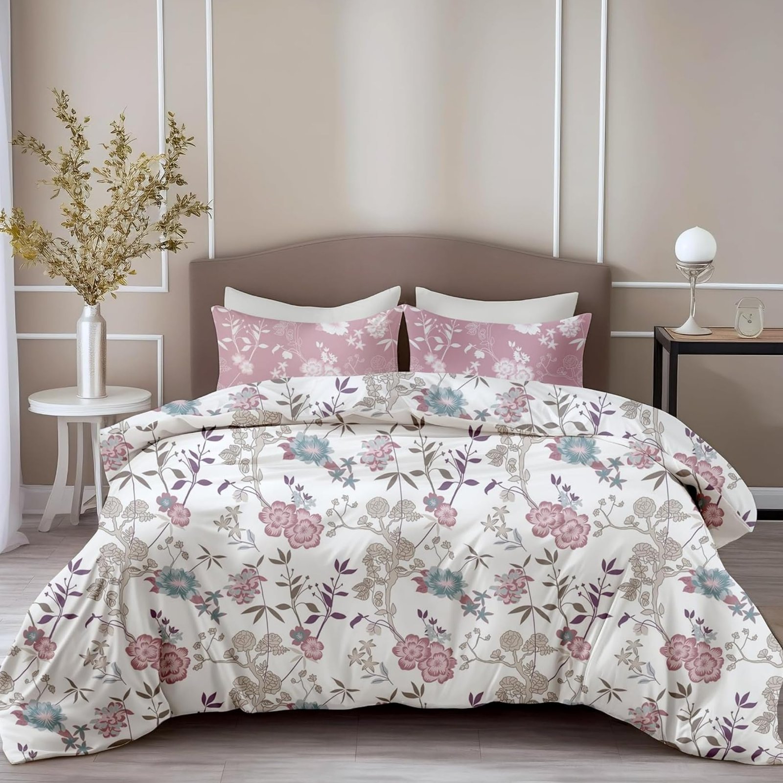 LORETO – A QUALITY LINEN BRAND 144 TC 100% Pure Cotton Bedsheet for King Size Bed, 144TC Soft & Breathable King Size Bed Sheet Cotton with 2 Pillow Covers (Blush Pink & Teal Blooms, 104 x 104 Inches)