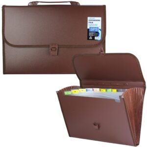 SPS 13 Pockets Expanding File Folder with Buckle Closure,Label Index and Handle for A4/Foolscap/Legal Documents (Brown)