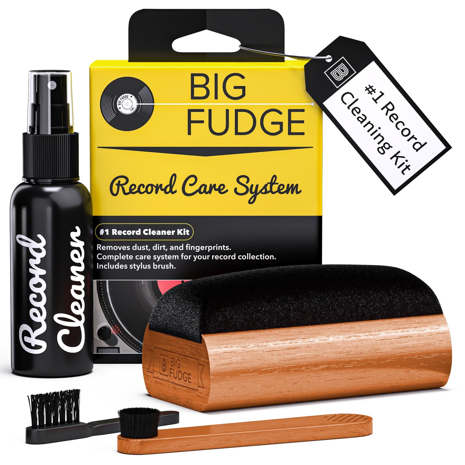 Big Fudge Vinyl Record Cleaning Kit – 4-in-1 Vinyl Record Cleaner Kit for Records Includes Ultra-Soft Velvet Brush Cleaning Liquid Stylus Brush and Storage Pouch – Pro Records Care