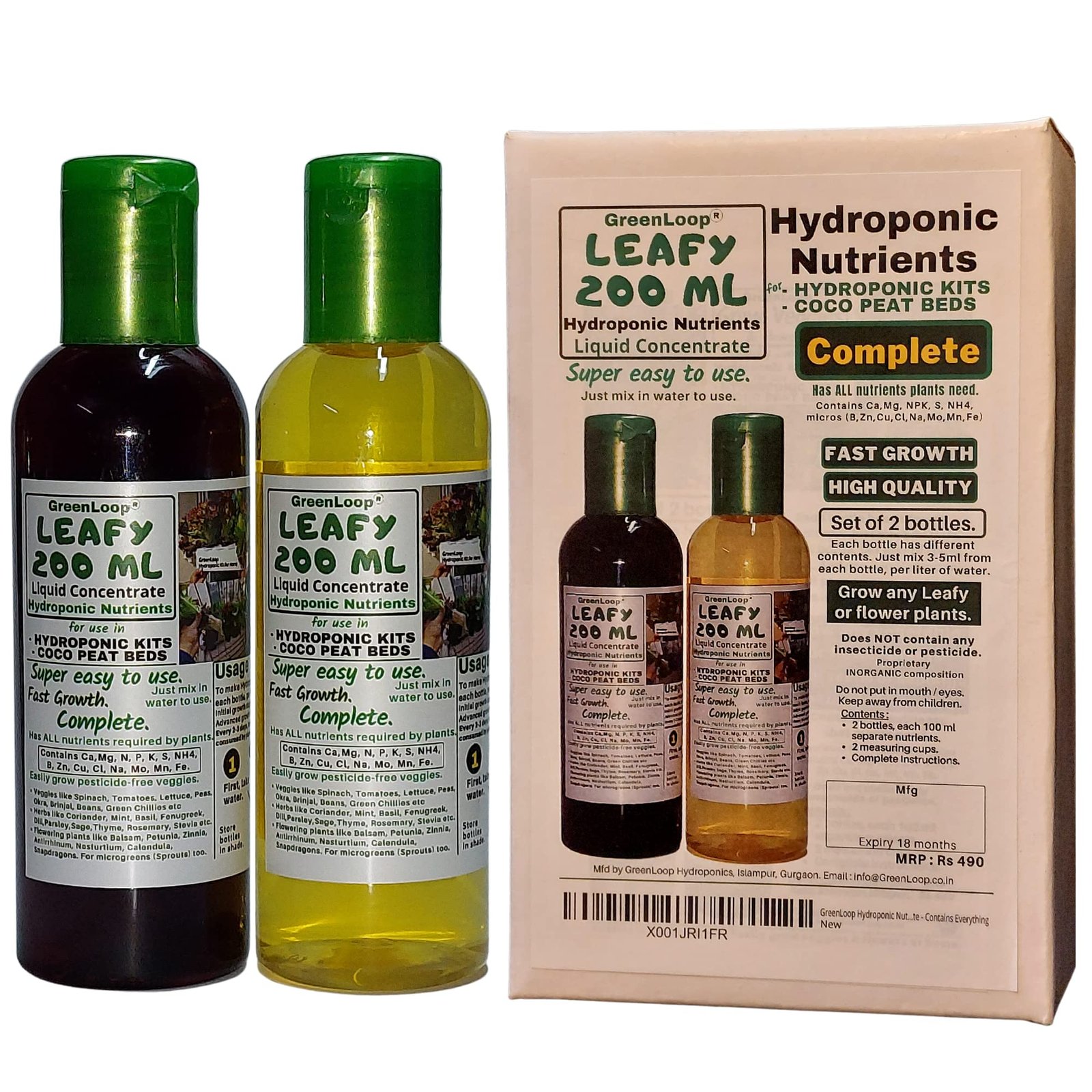 GreenLoop Hydroponic Nutrients– LEAFY 200ml, Ready 200ml concentrate,1 set