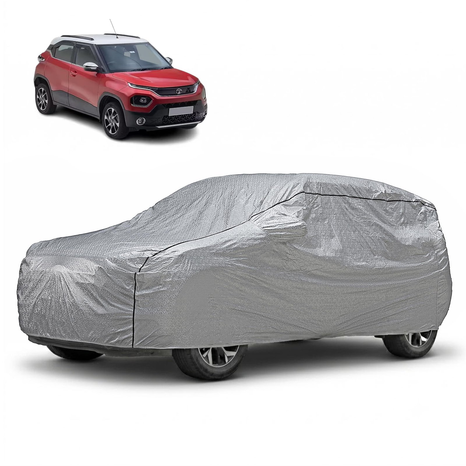 Amazon Basics Waterproof Car Body Cover for Tata Punch (2021–2026) | Custom Fit with Mirror & Antenna Pockets | UV & Heat Resistant | Soft Cotton Lining | All-Weather Protection | Silver