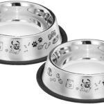Amazon Basics Stainless Steel Printed Pet Bowl | 700 Ml x 2 | for Dogs and Cats | Dry Kibble, Wet Food, Water Bowl | No-Tip, Non Sliding Design | Dishwasher Safe, Medium, Small