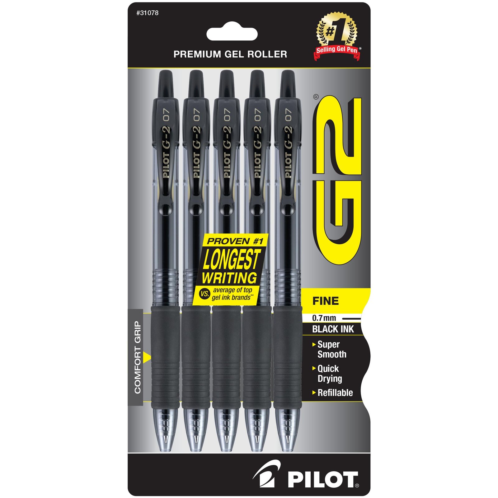 Pilot G2 Retractable Premium Gel Ink Roller Ball Pens, Fine Point, 5-Pack, Black Ink (31078)