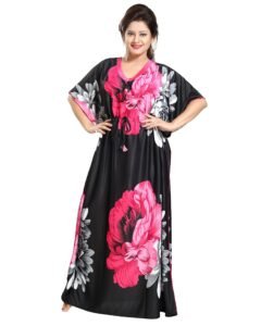 Noty Women’s Kaftan Nighty | Serena Fabric | Floral Print Maxi | Short Sleeves | V Shaped Neck