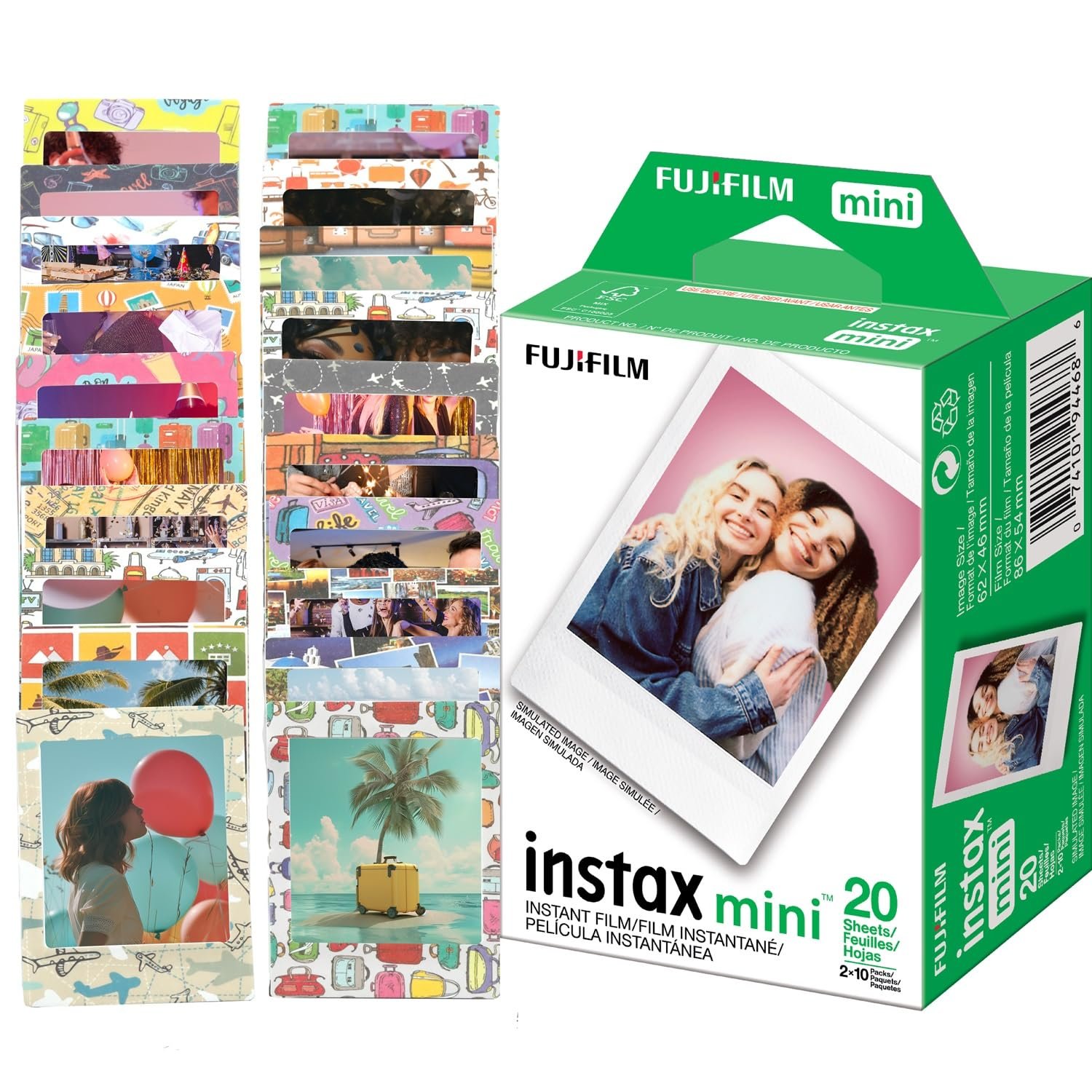 Fujifilm instax Mini Instant Film (20 Exposures) + 20 Sticker Frames for Fuji Instax Prints Travel Package