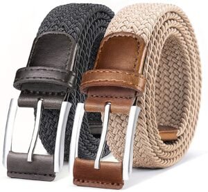 Belt for Men,Woven Stretch Braided Belt 2 Unit Gift-boxed Golf Casual Belts,Width 1 3/8″