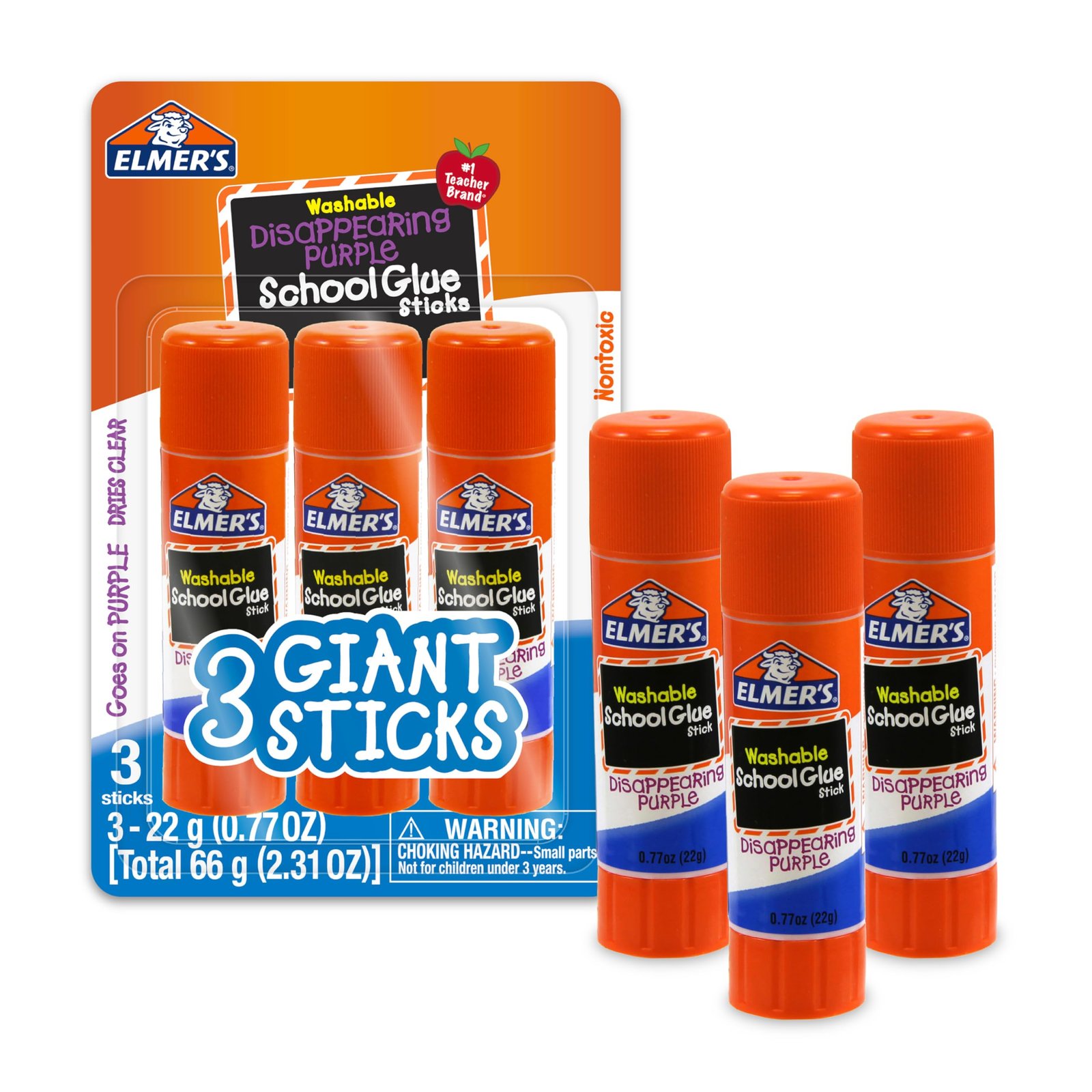 Elmer’s Disappearing Purple School Glue Sticks, 0.77 oz Each, 3 Sticks per Pack (E562)