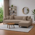 AMATA Omega Solid Wood 4 Seater Lshape Camel Suede Velvet Sofa Set with Four Cushions Perfect for Home Office Guests Living Room (03 Camel, Omega L Shape 4 SSEATER)(3 Year warrantty)
