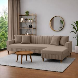 AMATA Omega Solid Wood 4 Seater Lshape Camel Suede Velvet Sofa Set with Four Cushions Perfect for Home Office Guests Living Room (03 Camel, Omega L Shape 4 SSEATER)(3 Year warrantty)