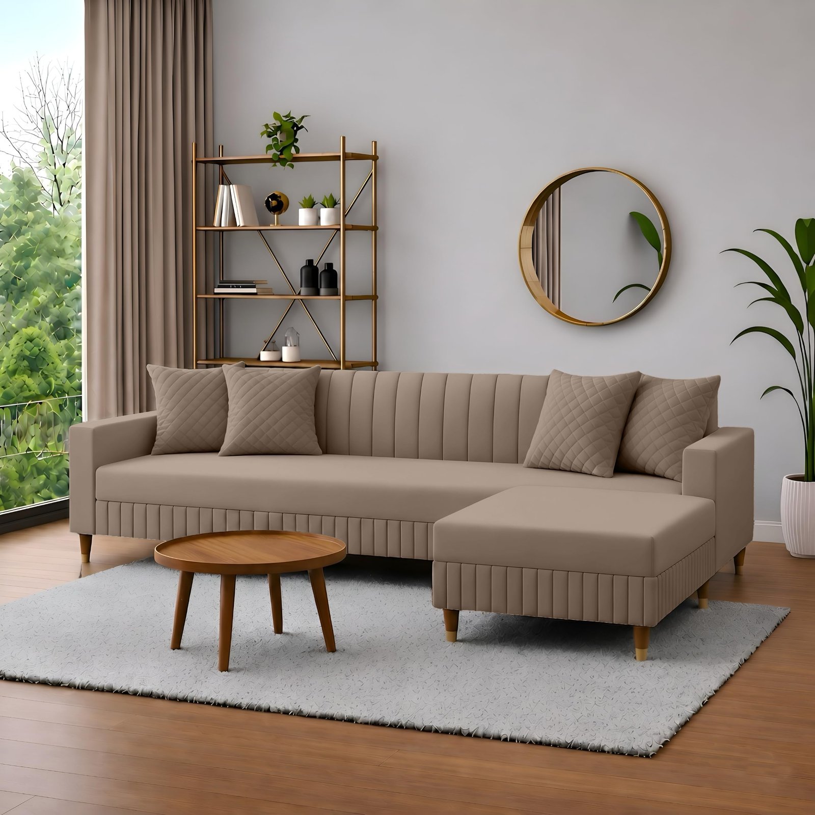 AMATA Omega Solid Wood 4 Seater Lshape Camel Suede Velvet Sofa Set with Four Cushions Perfect for Home Office Guests Living Room (03 Camel, Omega L Shape 4 SSEATER)(3 Year warrantty)
