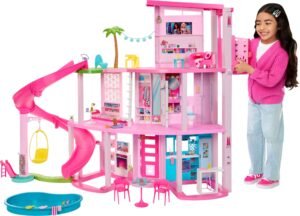 Barbie Dreamhouse, Pool Party Doll House with 75+ Pieces and 3-Story Slide, Pet Elevator and Puppy Play Areas Dollhouse Set