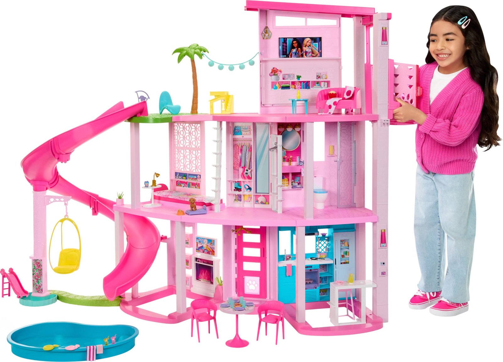 Barbie Dreamhouse, Pool Party Doll House with 75+ Pieces and 3-Story Slide, Pet Elevator and Puppy Play Areas Dollhouse Set
