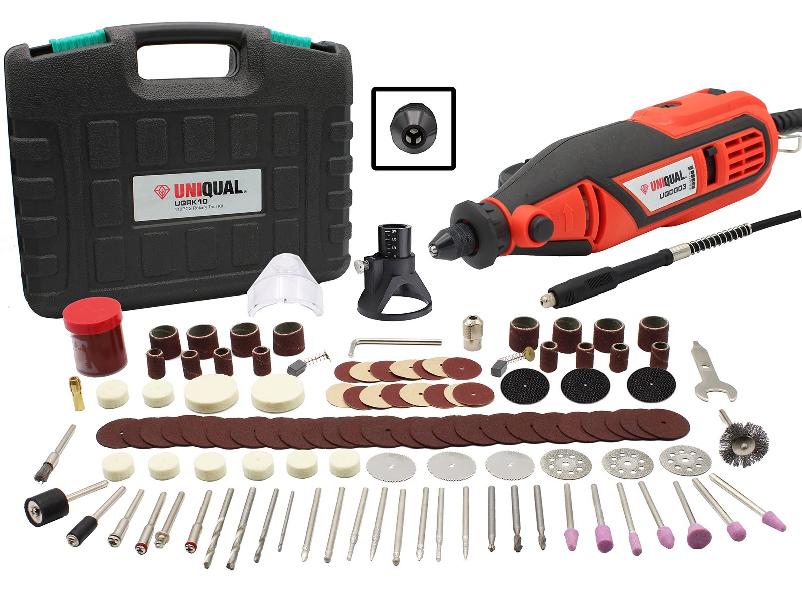 UniQual 140pcs Universal Chuck Rotary Tool Kit Die Grinder with Superior Accessories |Flexible Shaft|Drill Locator|Safety Shield|Cutting|Drilling|Engraving| Industrial and DIY with 6 months warranty
