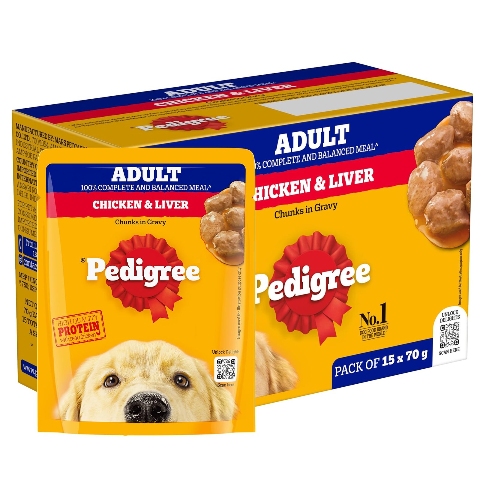Pedigree Adult Wet Dog Food, Chicken & Liver Chunks in Gravy, 70 g (Pack of 15), Complete & Balanced Meal for Adult Dogs