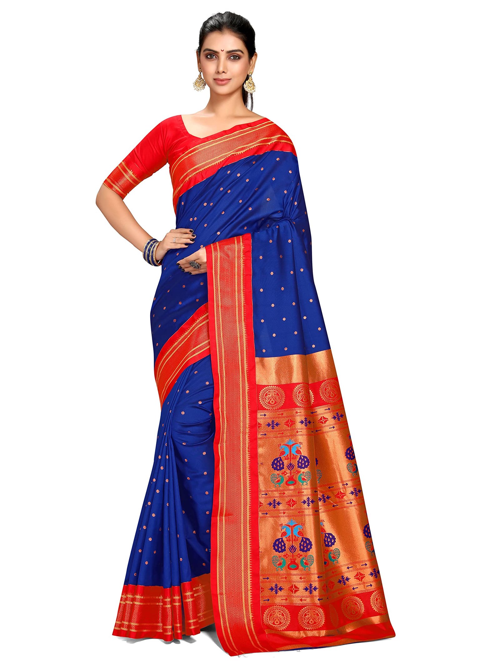 Varkala Silk Sarees Maharani Paithani Saree 5.5 Meter Silk Blend with Copper Zari Peacock Pallu & Unstitched Blouse Piece | Traditional Ethnic Wear Saree for Wedding, Festive & Party Occasion