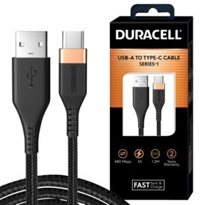 Duracell Usb-A To Type C, 65W Braided Sync&Fast Charging USB Cable, 3.9 Feet(1.2M), Qc 2.0/3.0 Ultra Fast Charging, For Samsung, Mi, Realme, Oppo, One Plus, Seamless Data Transmission, Series 1,Black