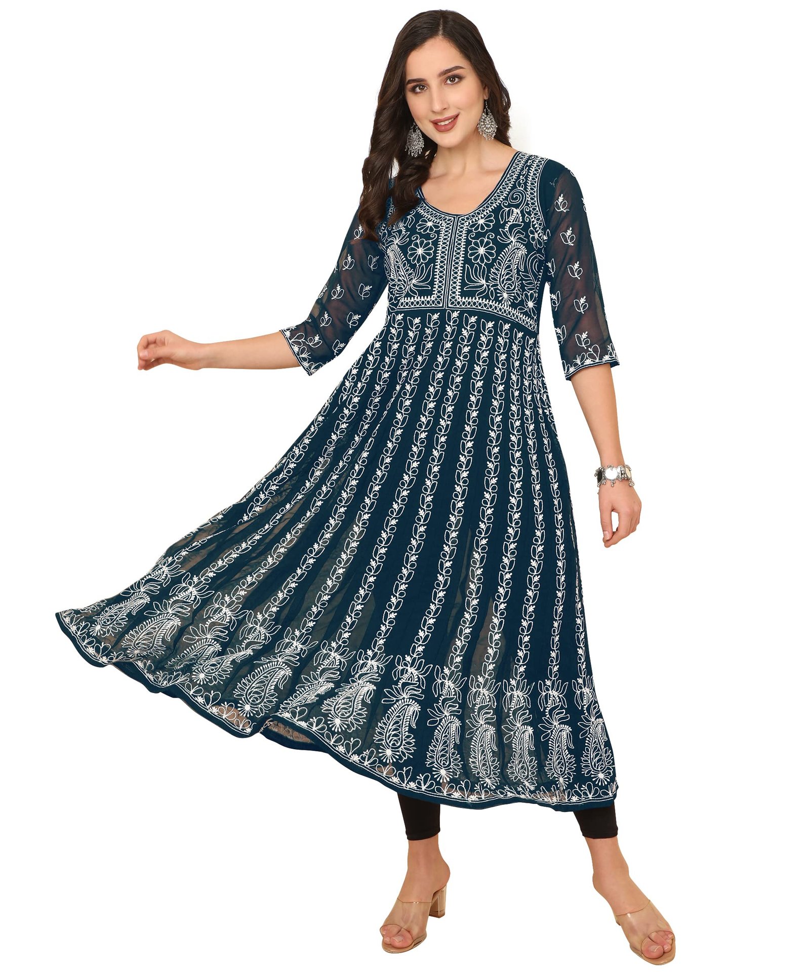 EthnicJunction Women’s Georgette Regular Fit Anarkali Chikankari Embroidered Eid Special Kurta | Eid Outfits