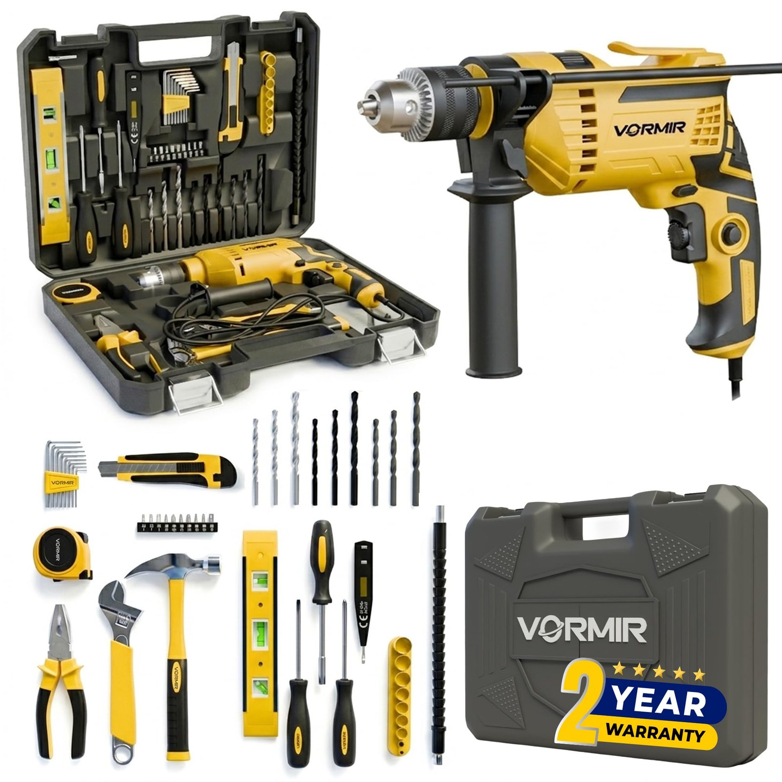 IBELL VORMIR TD13-120 650W Professional Tool Kit with Impact Drill– 13mm Chuck, Copper Armature, 2800 RPM, 145-Piece Yellow DIY, Home Repair & Maintenance Hand Tools & Accessories Set
